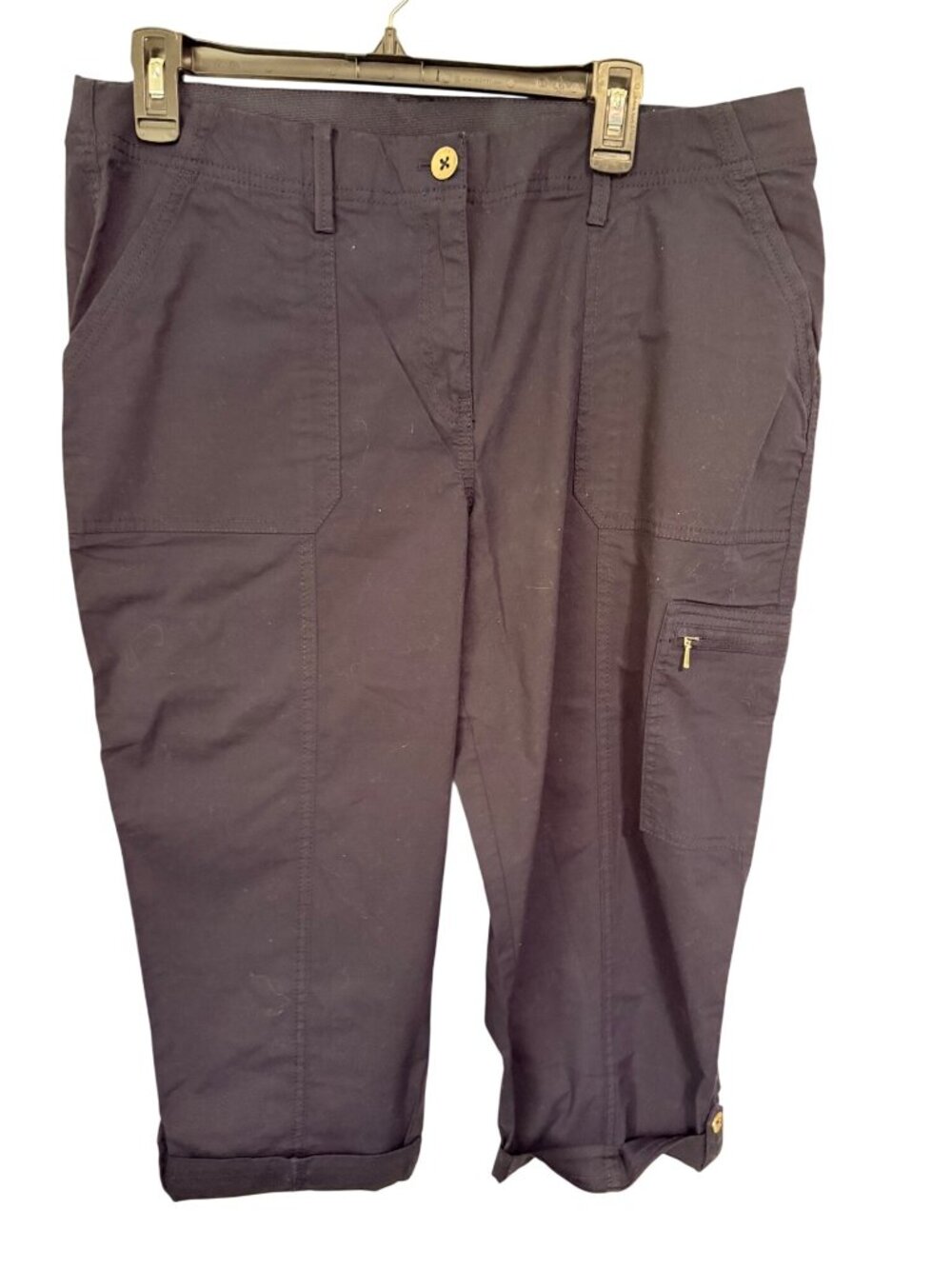 Chico's Cargo Capri Crop Pants Navy Blue Roll Tab Elastic Womans 12P